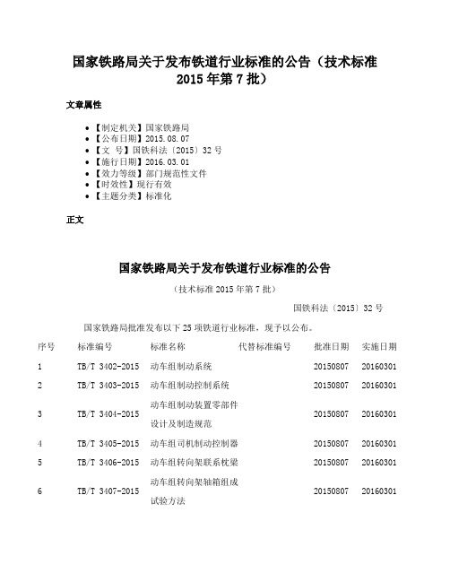 国家铁路局关于发布铁道行业标准的公告（技术标准2015年第7批）