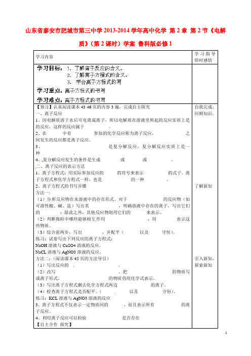 山东省泰安市肥城市第三中学高中化学 第2章 第2节《电解质》(第2课时)学案 鲁科版必修1