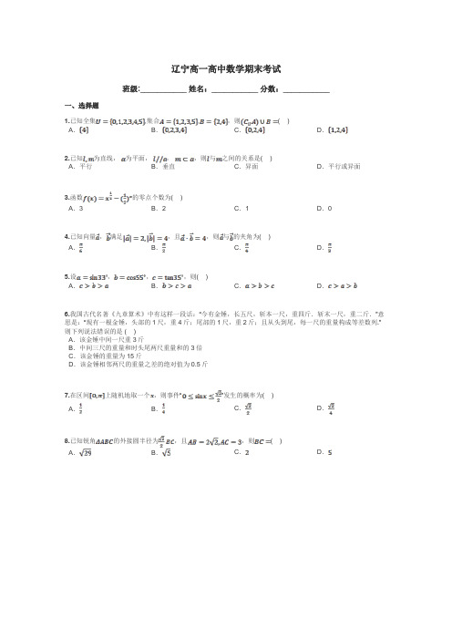 辽宁高一高中数学期末考试带答案解析
