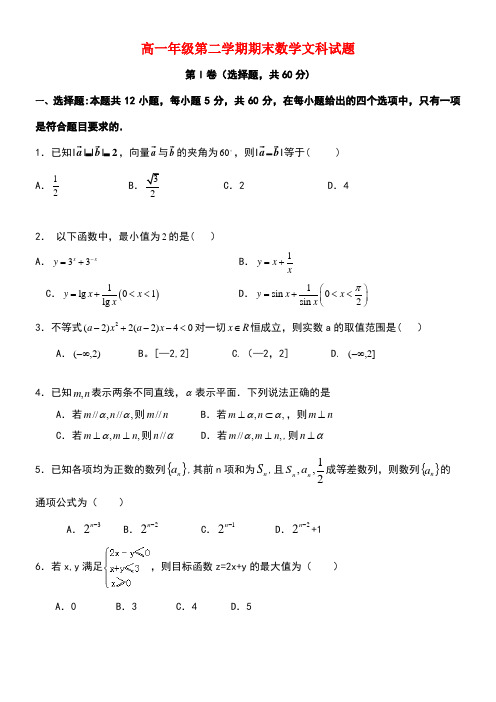 河北省石家庄市高一数学下学期期末考试试题文(无答案)