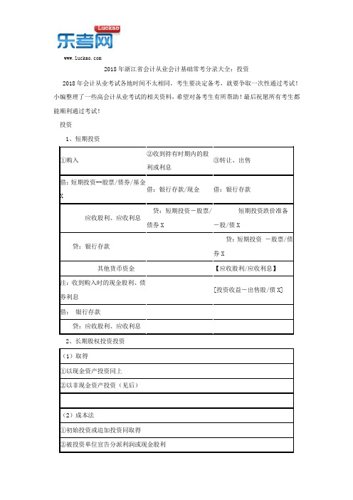 2018年浙江省会计从业会计基础常考分录大全：投资