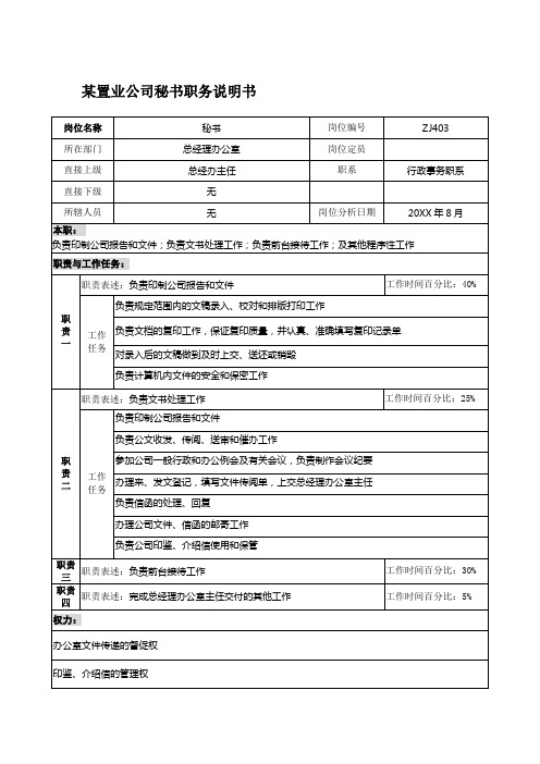 办公文秘-某置业公司秘书职务说明书 精品