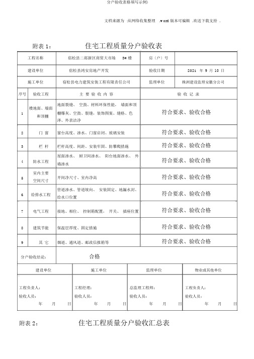 分户验收表格填写示例)