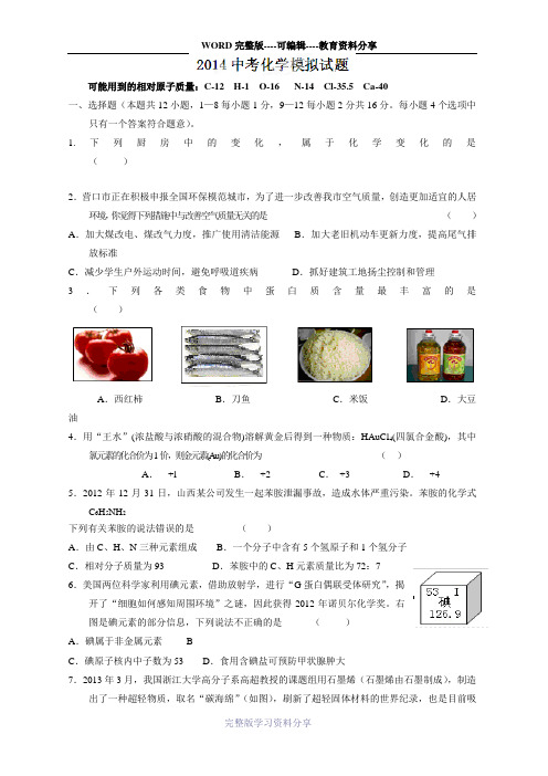 2014届中考模拟考试化学试题