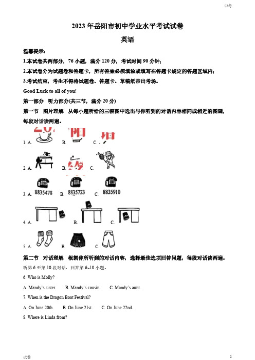 2023湖南省岳阳市中考英语真题试卷和答案