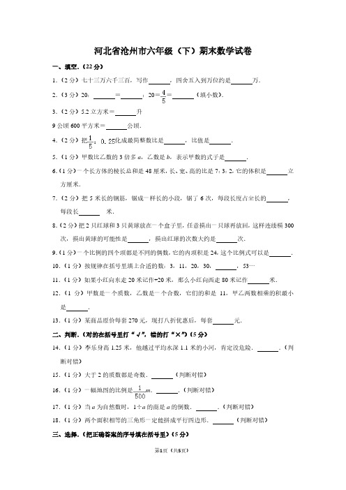 河北省沧州市六年级(下)期末数学试卷