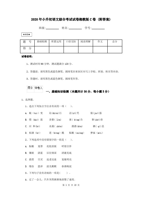 2020年小升初语文综合考试试卷湘教版C卷 (附答案)
