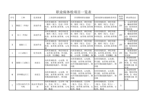 职业病体检项目一览表