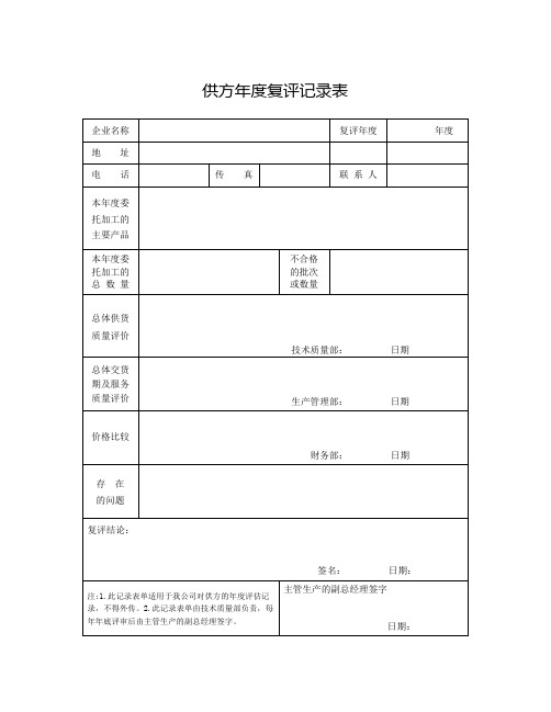 供方年度复评记录表