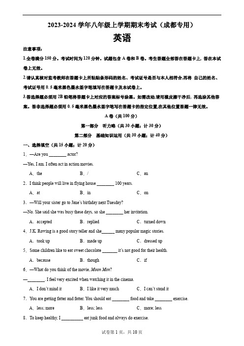 八年级英语上学期期末考试(四川成都专用)八年级英语上学期期末复习查缺补漏冲刺满分(人教版)