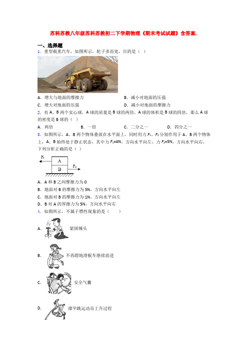 苏科苏教八年级苏科苏教初二下学期物理《期末考试试题》含答案.
