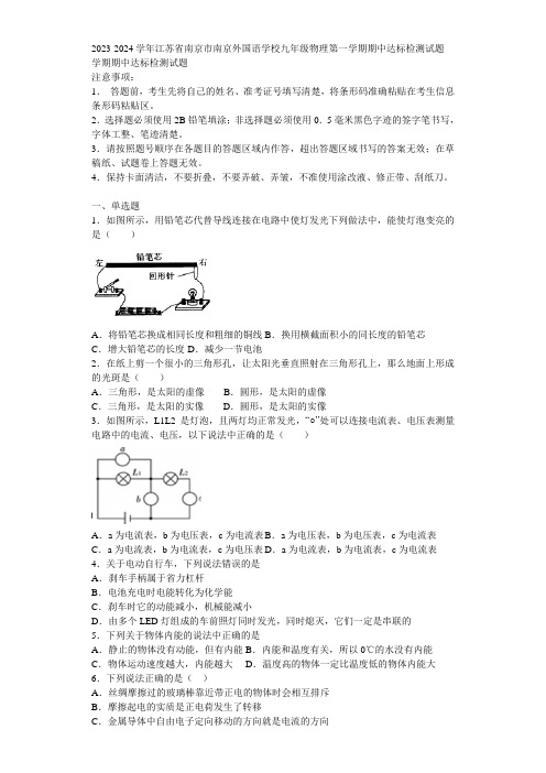 2023-2024学年江苏省南京市南京外国语学校九年级物理第一学期期中达标检测试题含解析