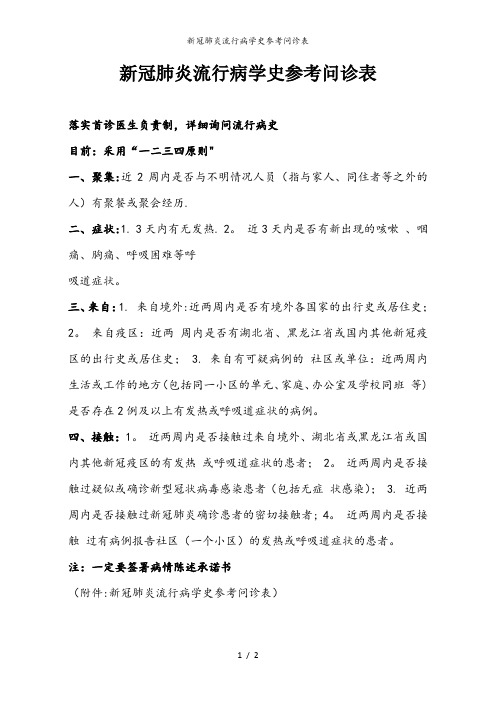 新冠肺炎流行病学史参考问诊表