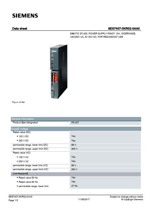 西门子SIMATIC S7-400电源407数据表，10A宽范围输出，120 230V交流，5V D