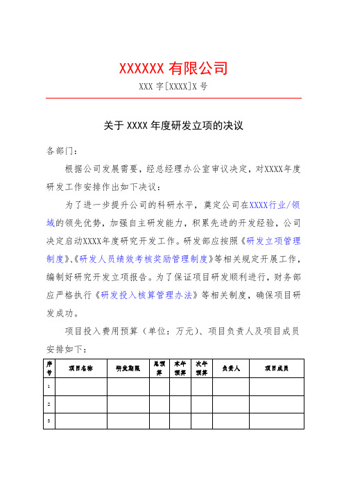 高企认定研发项目立项决议股东会决议会议模板