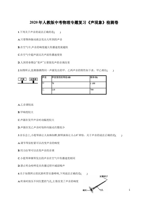 2020年人教版中考物理专题复习《声现象》检测卷(含答案)