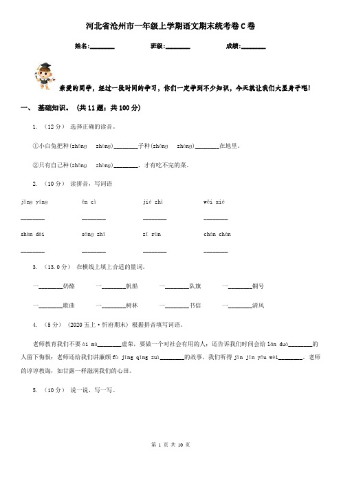 河北省沧州市一年级上学期语文期末统考卷C卷