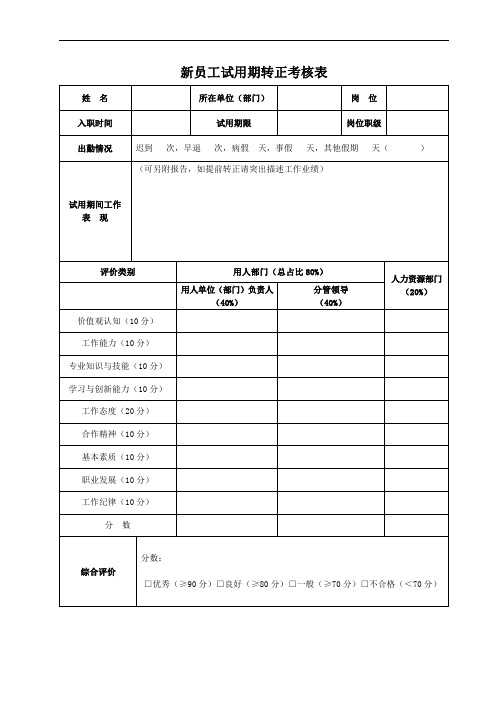 新员工试用期转正考核表(模板)