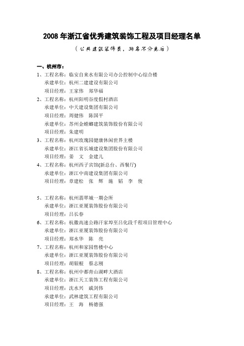 2008年浙江省优秀建筑装饰工程及项目经理名单