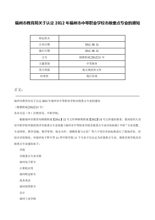 福州市教育局关于认定2012年福州市中等职业学校市级重点专业的通知-榕教职成[2012]24号