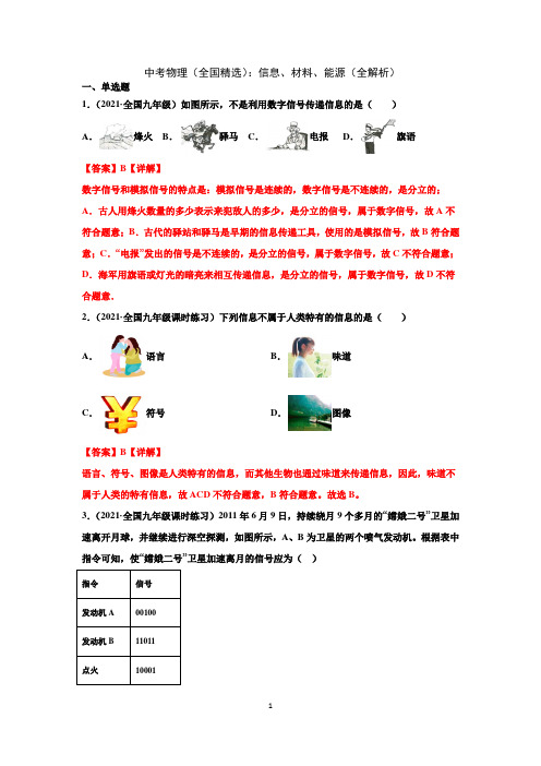 2021中考物理(全国精选)：信息、材料、能源(全解析)