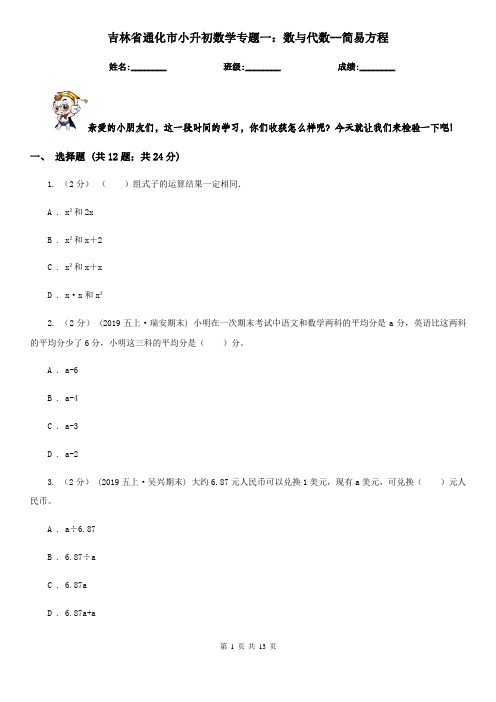 吉林省通化市小升初数学专题一：数与代数--简易方程