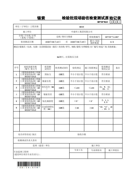 23、锚索检验批现场验收检查测试原始记录