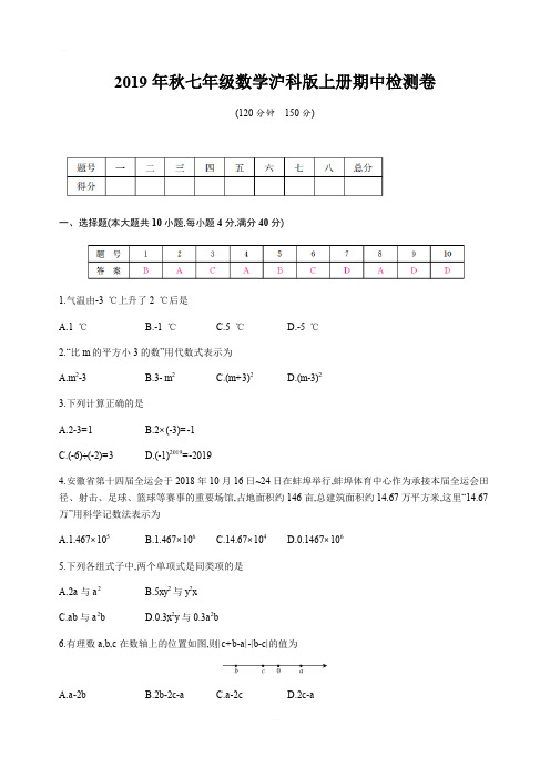 2019年秋七年级数学沪科版上册期中检测卷含答案