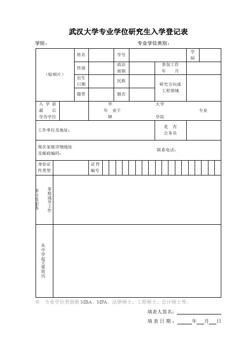 武汉大学 专业学位研究生入学登记表