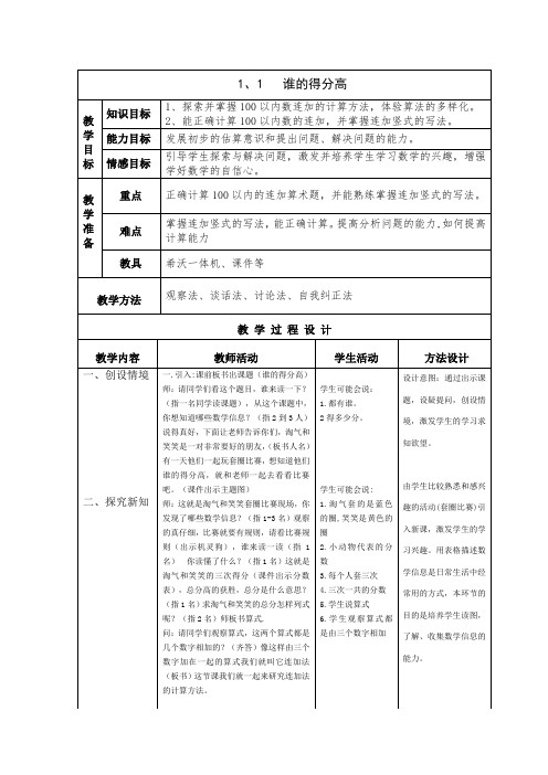 新北师大版小学数学二年级上册《一 加与减：谁的得分高》 优课教案_0