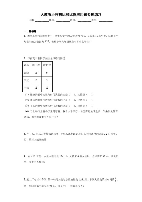  小升初比和比例应用题专题练习(应用题)人教版六年级下册数学