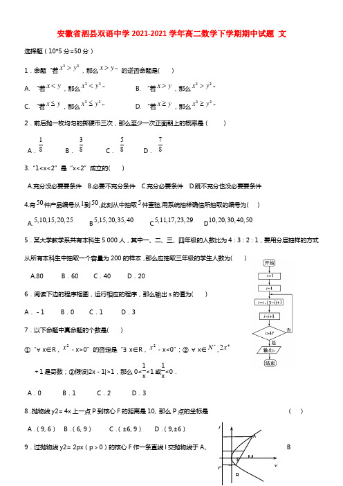 安徽省泗县双语中学高二数学下学期期中试题 文(1)