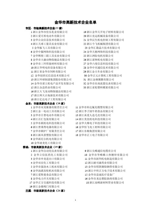 金华市高新技术企业名单