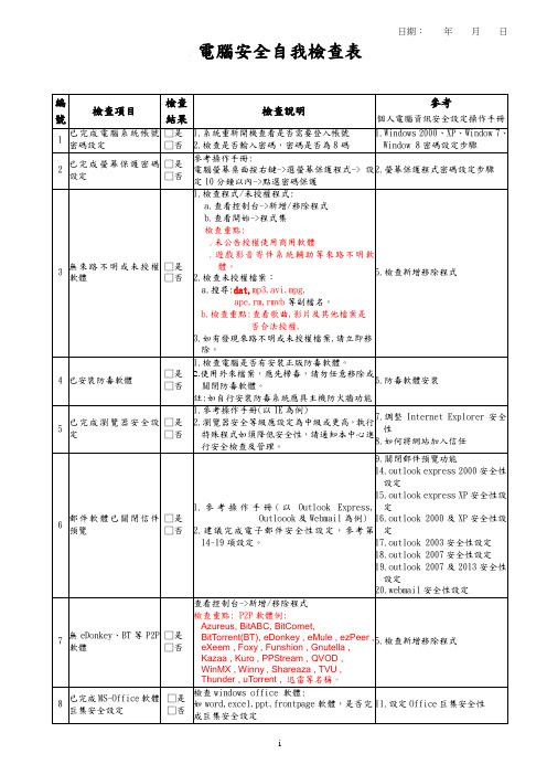 电脑安全自我检查表