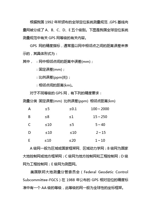 根据我国1992年所颁布的全球定位系统测量规范,GPS基线向量网被分成了A、B、C、D、E五个级别