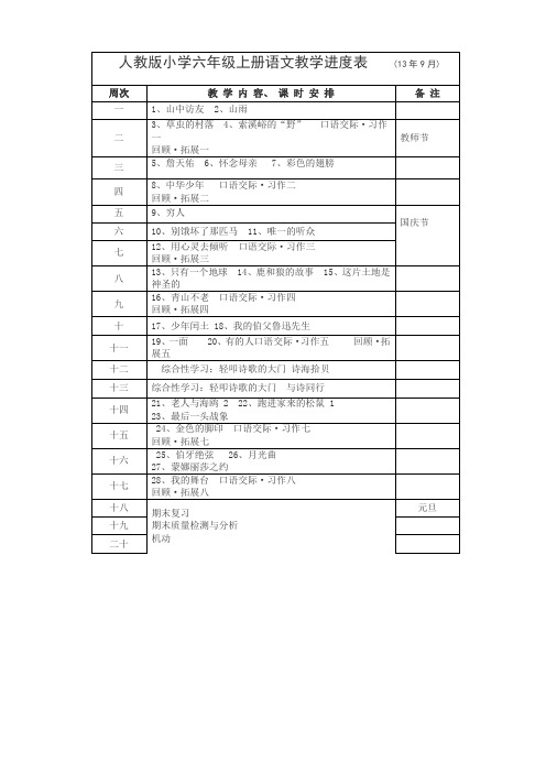 人教版小学六年级上册语文教学进度表AwUqln