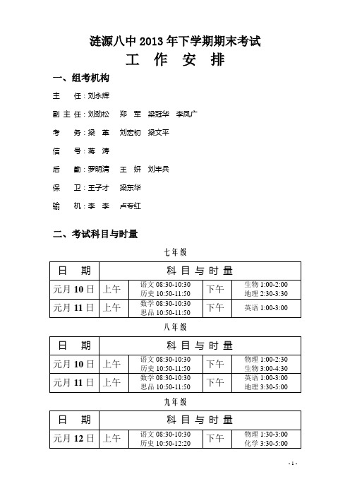 2013年下学期期末考试组考方案