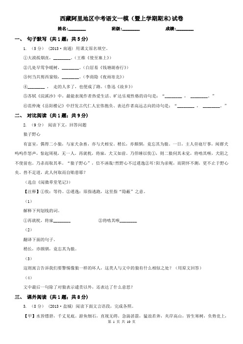 西藏阿里地区中考语文一模(暨上学期期末)试卷