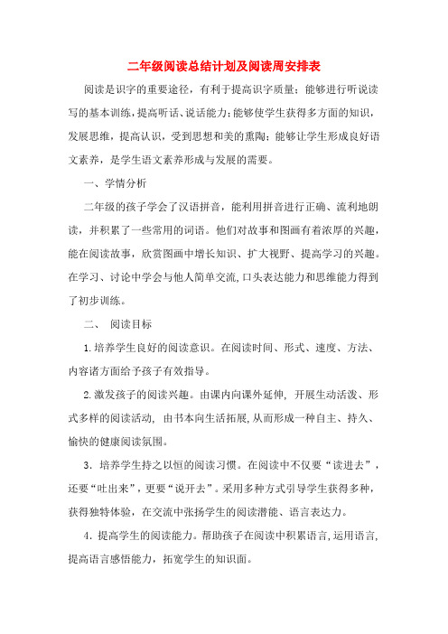 二年级阅读总结计划及阅读周安排表