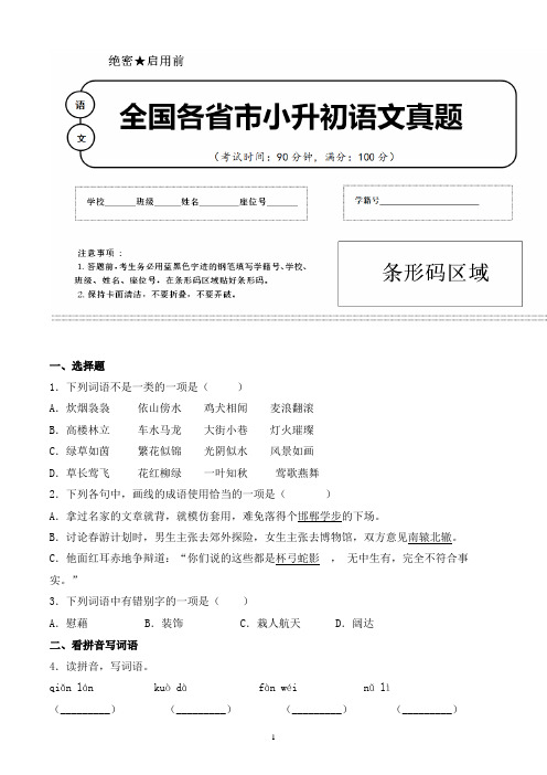 【小升初】2020年浙江省宁波市小升初语文毕业会考试题含答案(全网唯一)