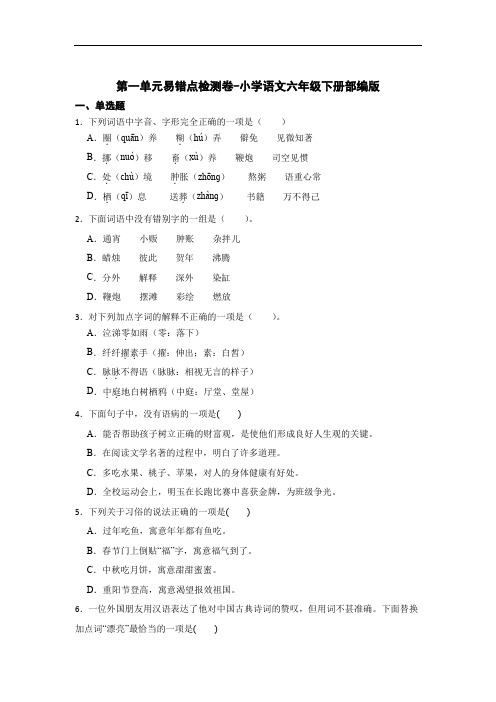 第一单元易错点检测卷-2022-2023学年语文六年级下册(部编版)