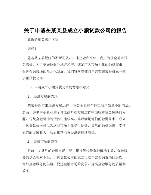 关于申请在某某县成立小额贷款公司的报告