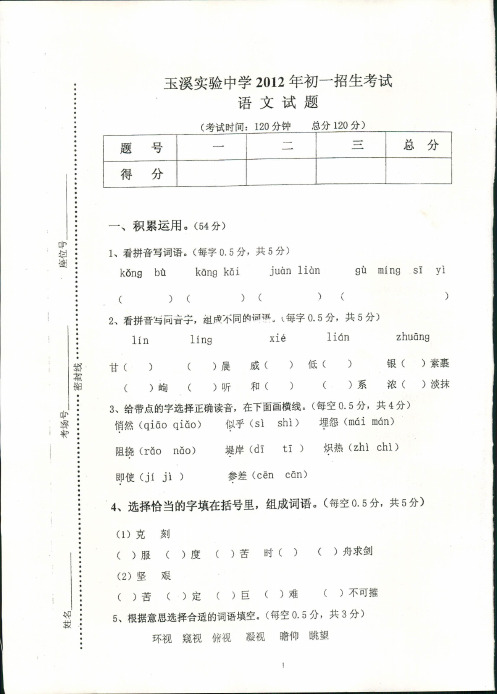 玉溪实验中学招生 语文试卷