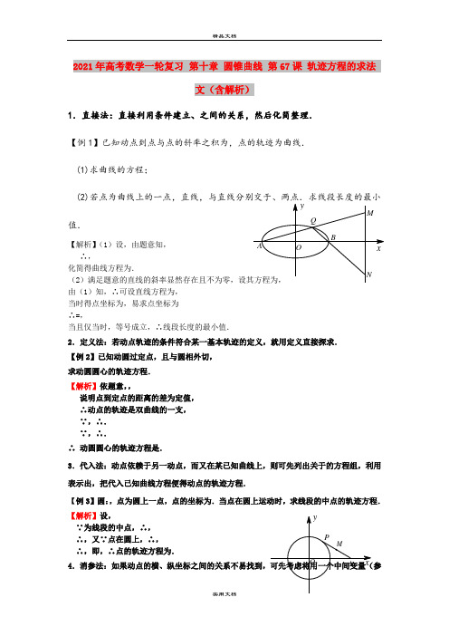 2021年高考数学一轮复习 第十章 圆锥曲线 第67课 轨迹方程的求法 文(含解析)