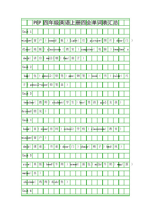PEP四年级英语上册四会单词表汇总