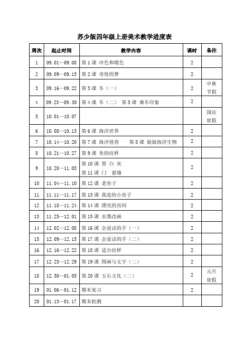 苏少版四年级上册美术教学进度表