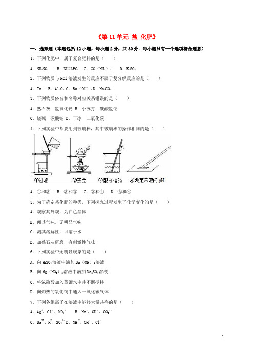 九年级化学下册《第11单元 盐 化肥》单元综合测试(含解析)(新版)新人教版