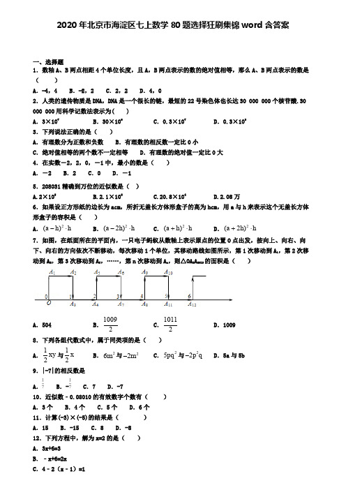 2020年北京市海淀区七上数学80题选择狂刷集锦word含答案