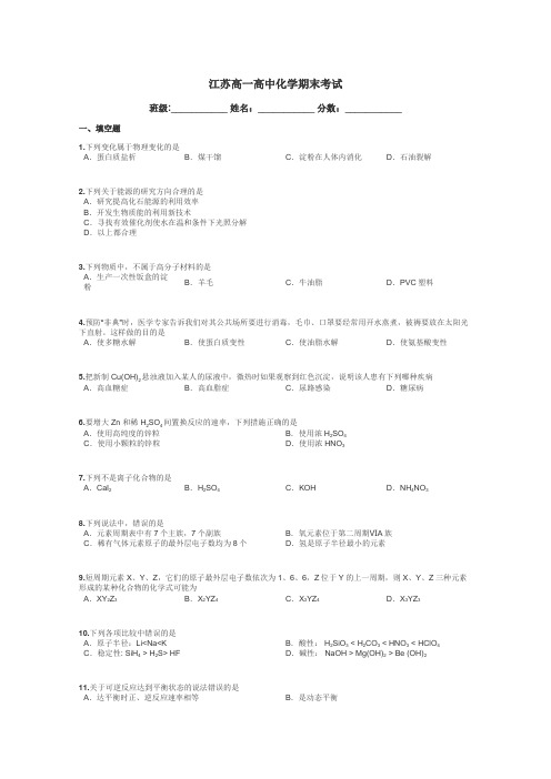 江苏高一高中化学期末考试带答案解析
