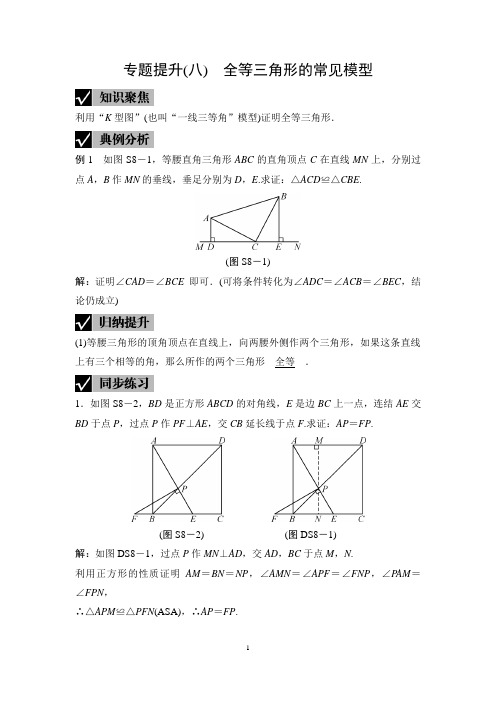 浙江省2021年中考数学复习测试专题提升(八) 全等三角形的常见模型